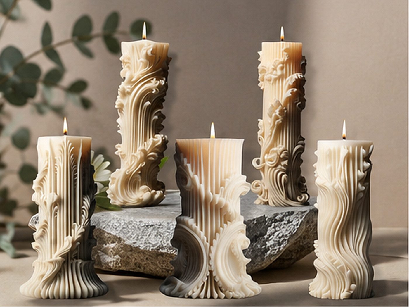 A collection of ornate ivory sculptural candles