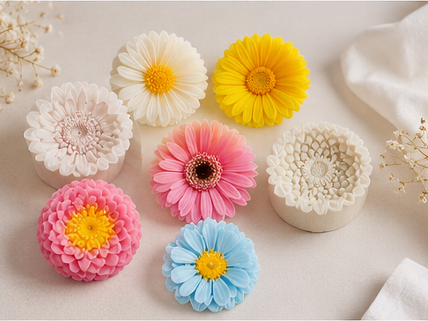 A colourful assortment of flower-shaped candles