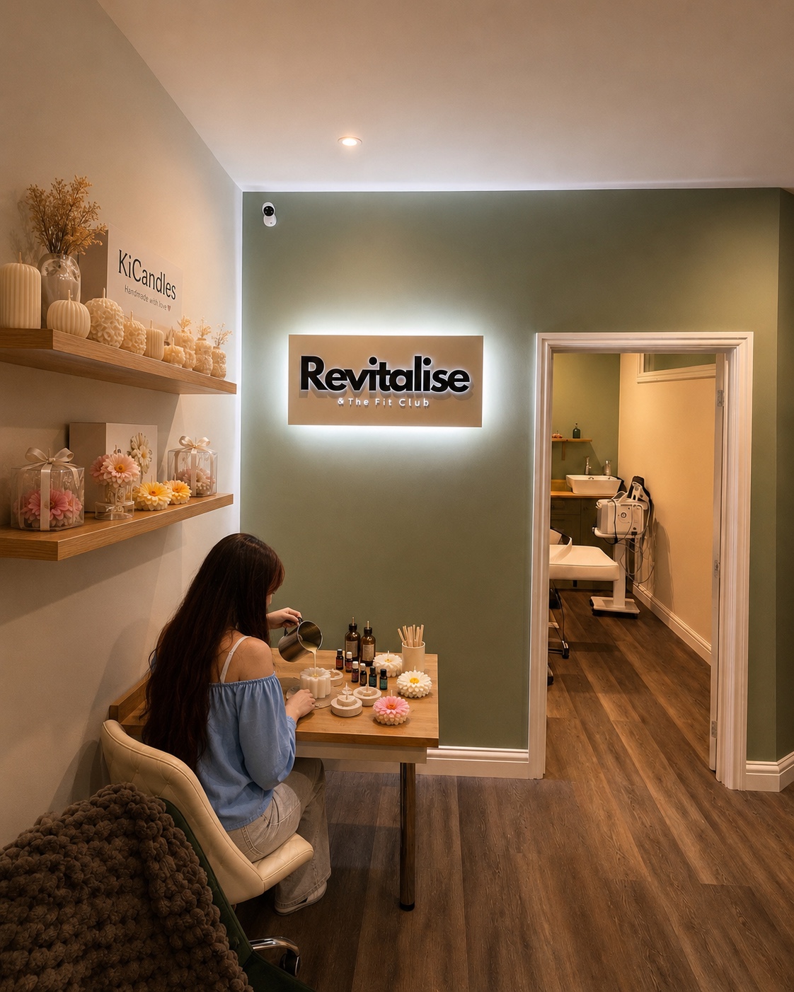 Ki creating candles in her KiCandles space at Revitalise